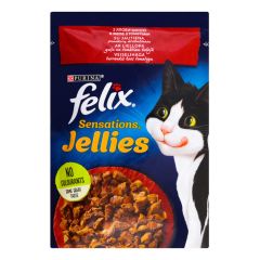 Konservi kaķiem Felix Sensations Jellies liellops/tomāti 85g