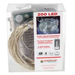 200 LED virtene 20m ar bat. un pulti, auksi balta