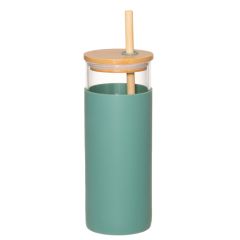 Krūze ar salmiņu stikla 480ml zaļa